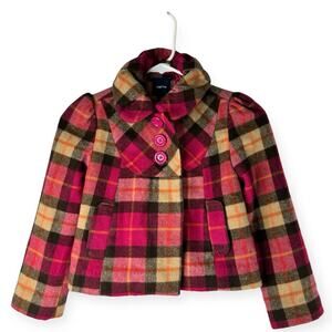 GAP Kids Wool Blend Plaid Peacoat Buttoned Princess Flare Lined Pink Beige Small